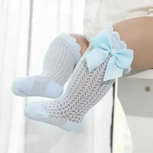 Chaussettes Longues Bébé Fille – Dentelle, Noeud et Maille d’Été – 0 à 24 Mois