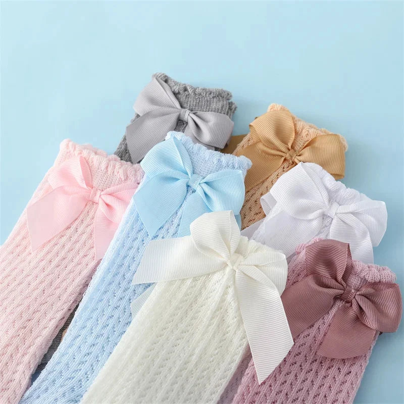 Chaussettes Longues Bébé Fille – Dentelle, Noeud et Maille d’Été – 0 à 24 Mois