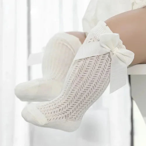 Chaussettes Longues Bébé Fille – Dentelle, Noeud et Maille d’Été – 0 à 24 Mois