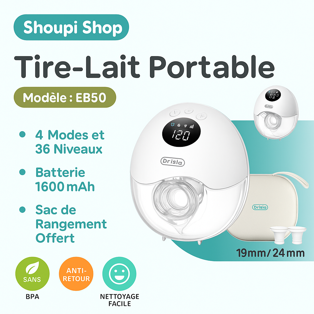 Dr.isla Tire-Lait Électrique Portable 
4 Modes - 36 Niveaux d'Aspiration - Mains Libres - Collecteur de Lait - Avec Embout de 19/24 mm