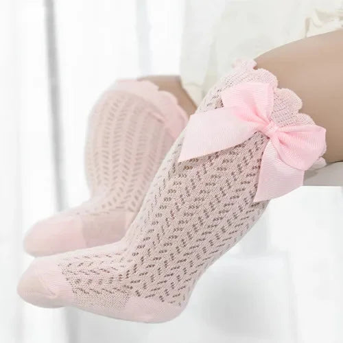 Chaussettes Longues Bébé Fille – Dentelle, Noeud et Maille d’Été – 0 à 24 Mois
