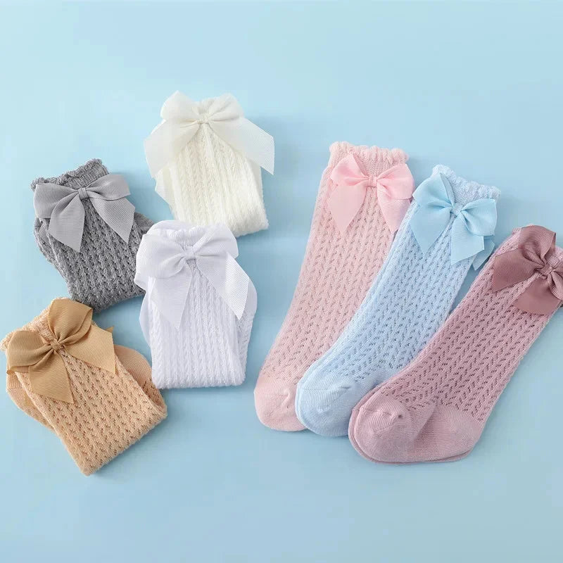 Chaussettes Longues Bébé Fille – Dentelle, Noeud et Maille d’Été – 0 à 24 Mois