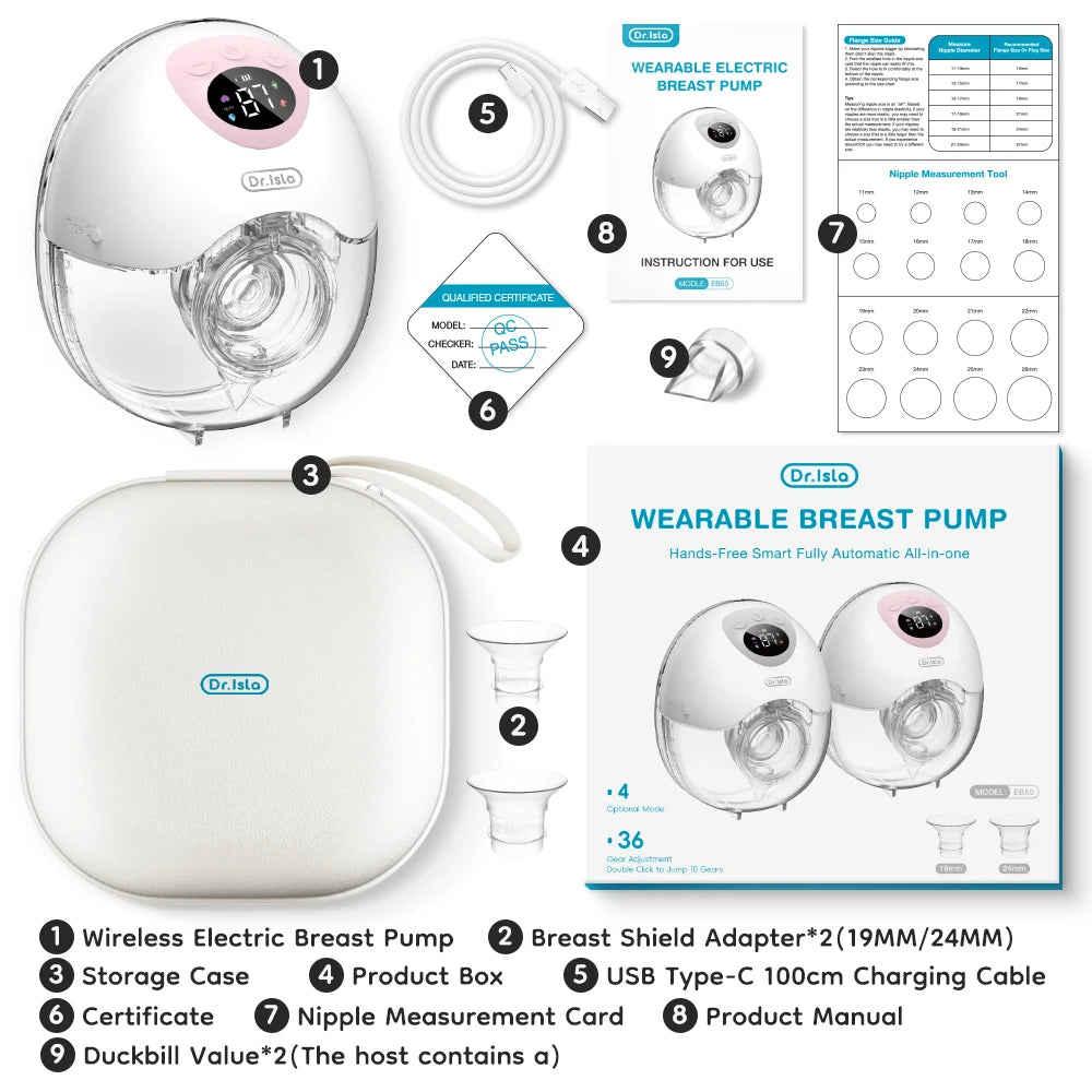 Dr.isla Tire-Lait Électrique Portable 
4 Modes - 36 Niveaux d'Aspiration - Mains Libres - Collecteur de Lait - Avec Embout de 19/24 mm