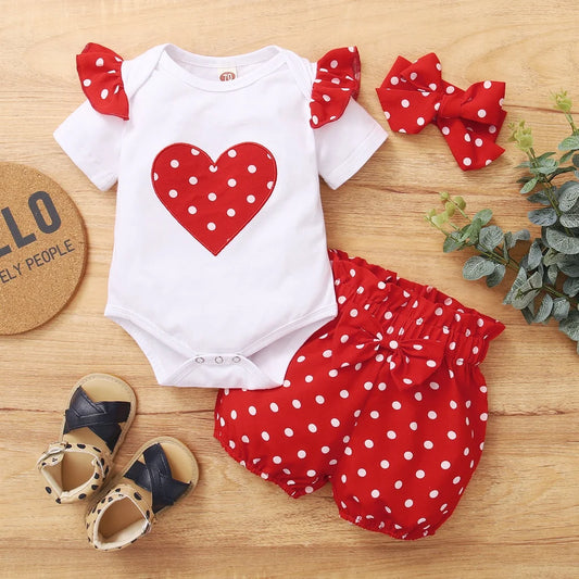 Ensemble d'été mignon pour petites filles à pois pour bébé fille de 0 à 18 mois 
Body à manches courtes + Pantalon + Bandeau